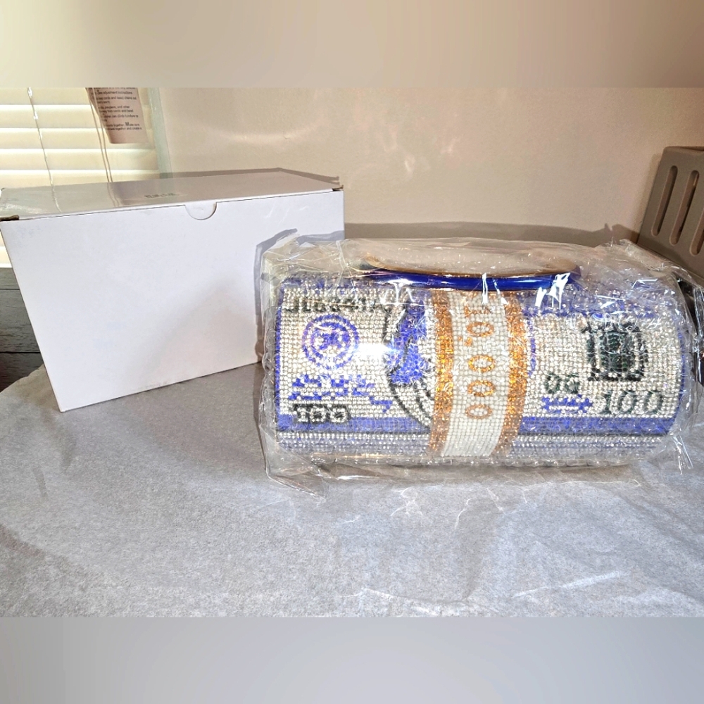 CALE Blue and White Beaded Clutch